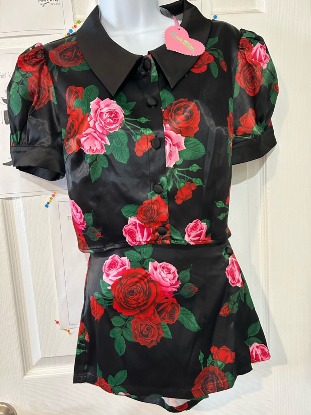 Sugar Thrillz Black Satin Floral Heart Tag Blouse with Pink & Red Roses